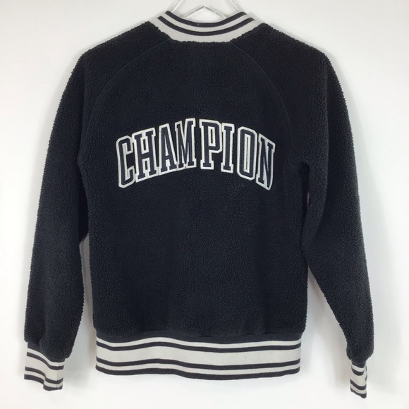 Champion Sherpa bomber jacket Womens S black spell out collegiate Preppy Cropped - Picture 11 of 15